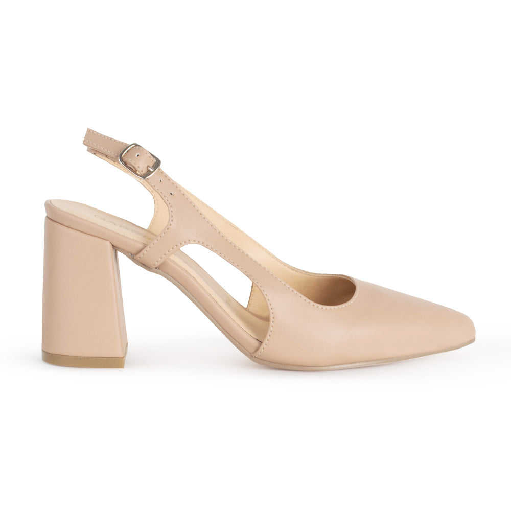 Vista lateral de zapatilla maquillaje destalonada para mujer con tacón de 8cm y punta fina ajustable 
