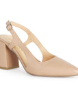 Vista lateral de zapatilla para mujer con hebilla ajustable y tacón medio de 8cm en color maquillaje 