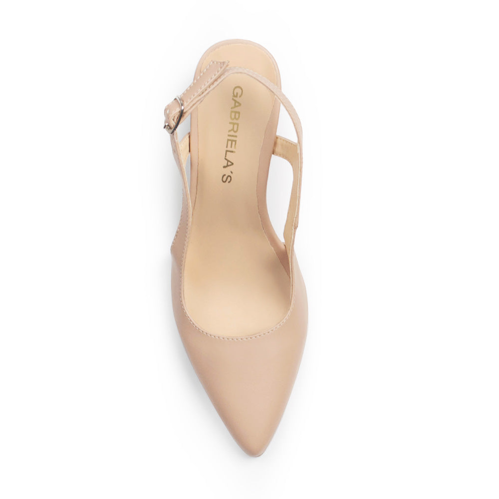 Vista superior de zapatilla maquillaje con punta fina destalonada y tacón medio de 8cm para mujer
