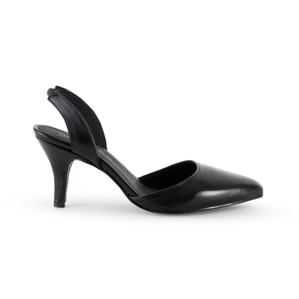 Vista lateral de zapatilla negra destalonada con punta fina para dama y tacón medio 8cm 