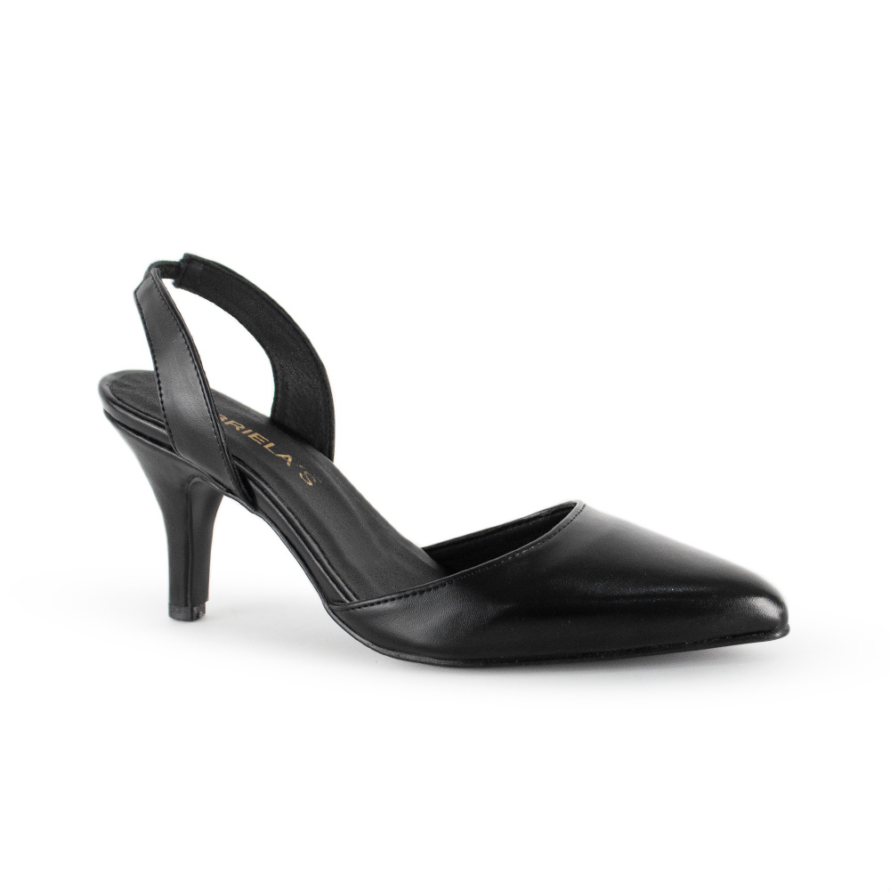 Vista diagonal de las zapatilla negra  destalonada para mujer con tacón medio 8cm y punta fina
