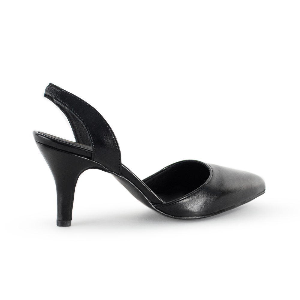 Vista trasera de tacón delgado medio 8cm en zapatilla negra para mujer con punta cerrada fina 