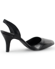 Vista trasera de tacón delgado medio 8cm en zapatilla negra para mujer con punta cerrada fina 