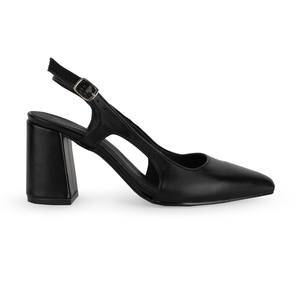 Vista lateral de zapatilla negra destalonada para mujer con tacón de 8cm y punta fina ajustable 