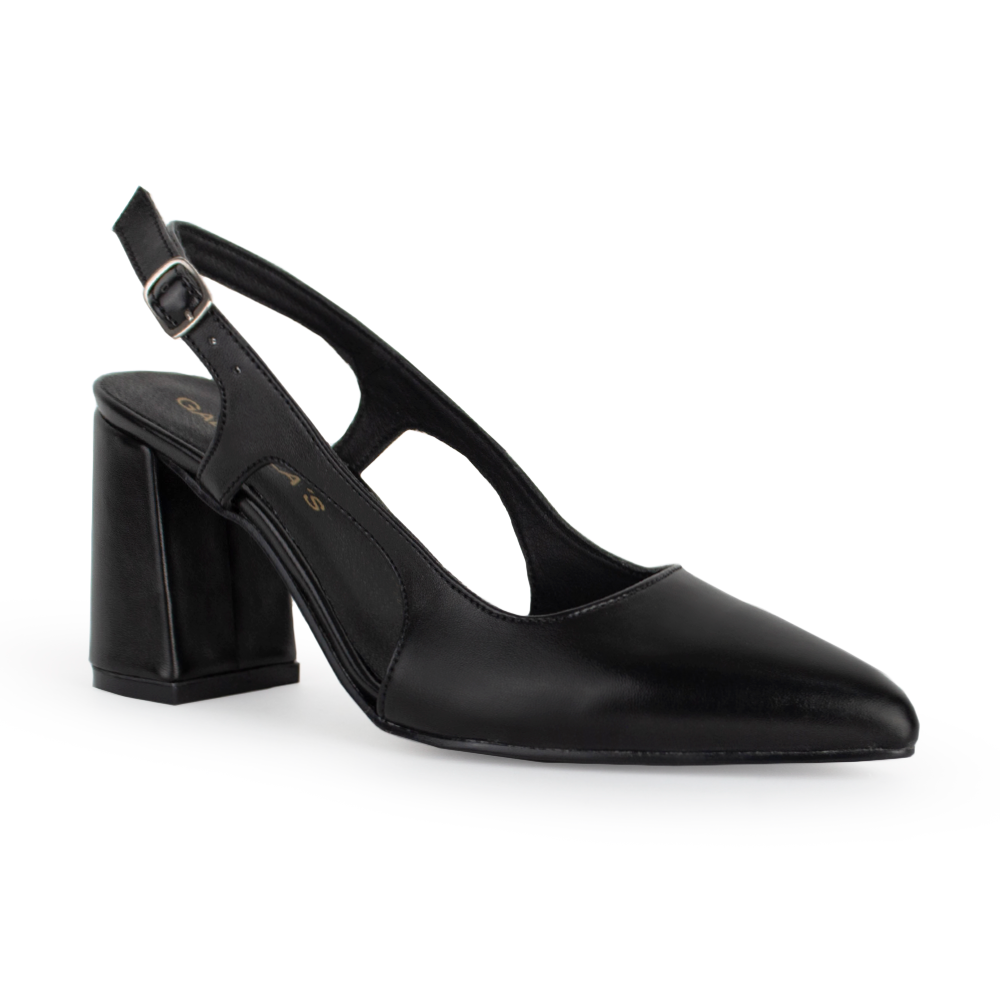 Vista lateral de zapatilla para mujer con hebilla ajustable y tacón medio de 8cm en color negro