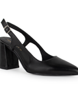 Vista lateral de zapatilla para mujer con hebilla ajustable y tacón medio de 8cm en color negro
