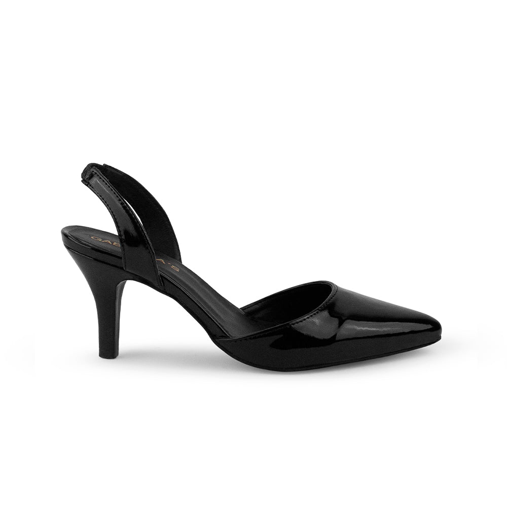 vista lateral de zapatillas negras de charol destalonadas con punta fina para dama y tacón medio 8cm 