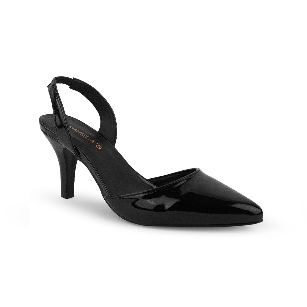 vista diagonal de las zapatillas negras de dama destalonadas de charol con tacón medio 8cm y punta fina
