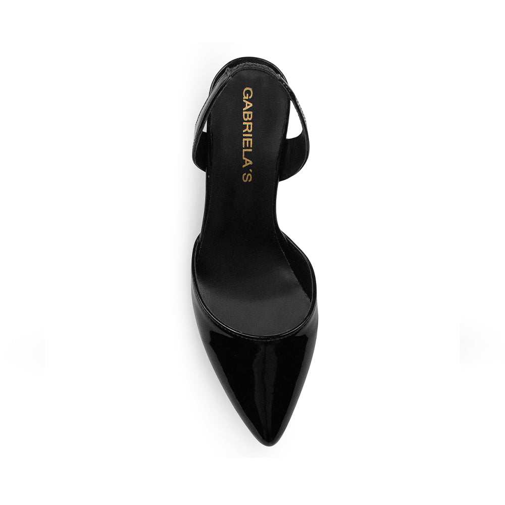 vista superior de las zapatillas negras para dama de charol con punta fina y tacón medio 8cm