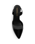 vista superior de las zapatillas negras para dama de charol con punta fina y tacón medio 8cm