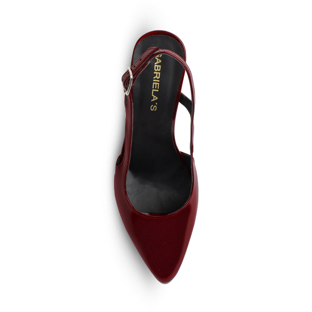 Vista superior de zapatilla vino con punta fina destalonada y tacón medio de 8cm para mujer