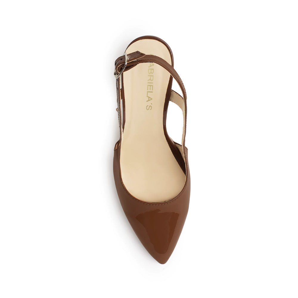 Vista superior de zapatilla café con punta fina destalonada y tacón medio de 8cm para mujer