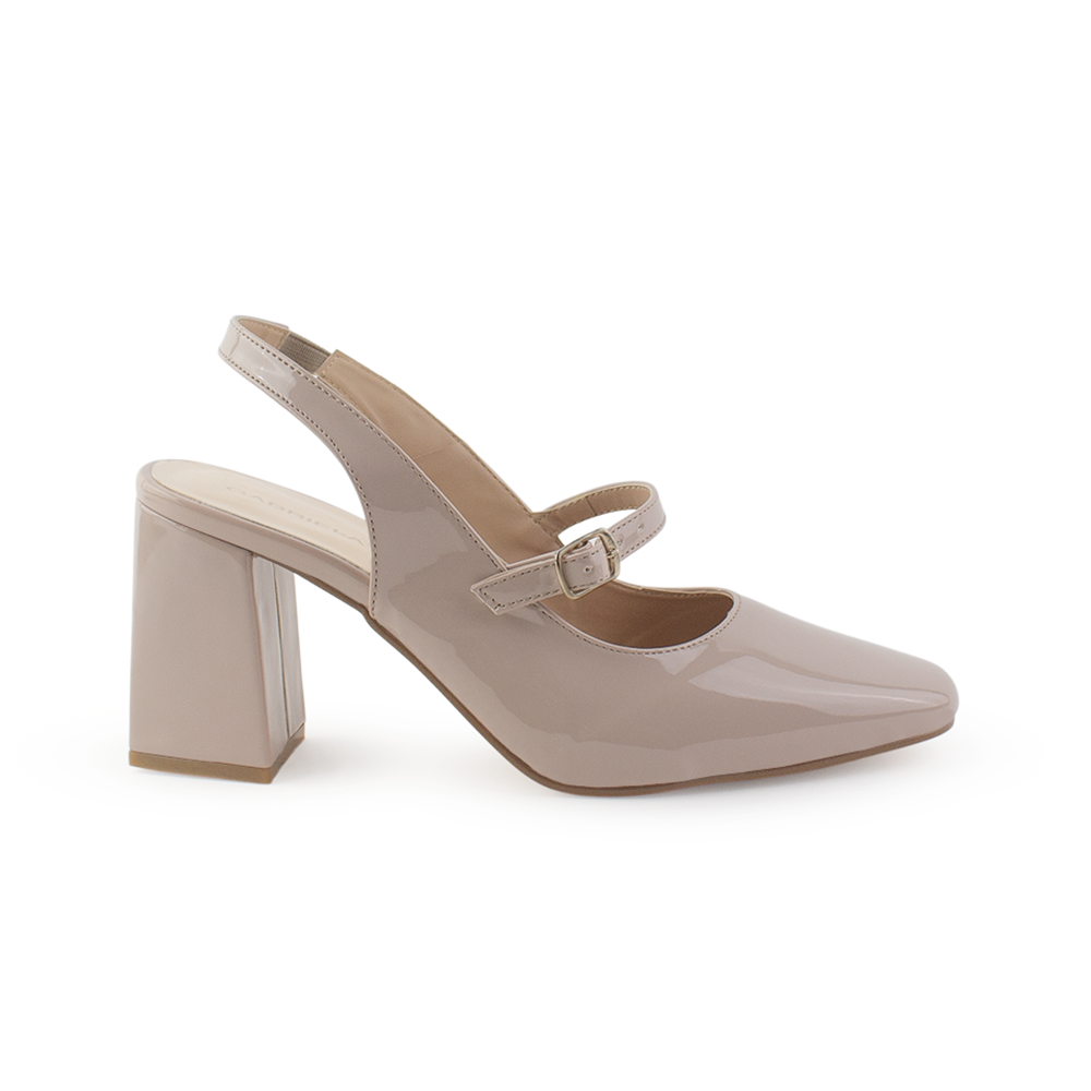 vista lateral de zapatillas maquillaje de charol con correa ajustable y tacón medio 8cm para dama 