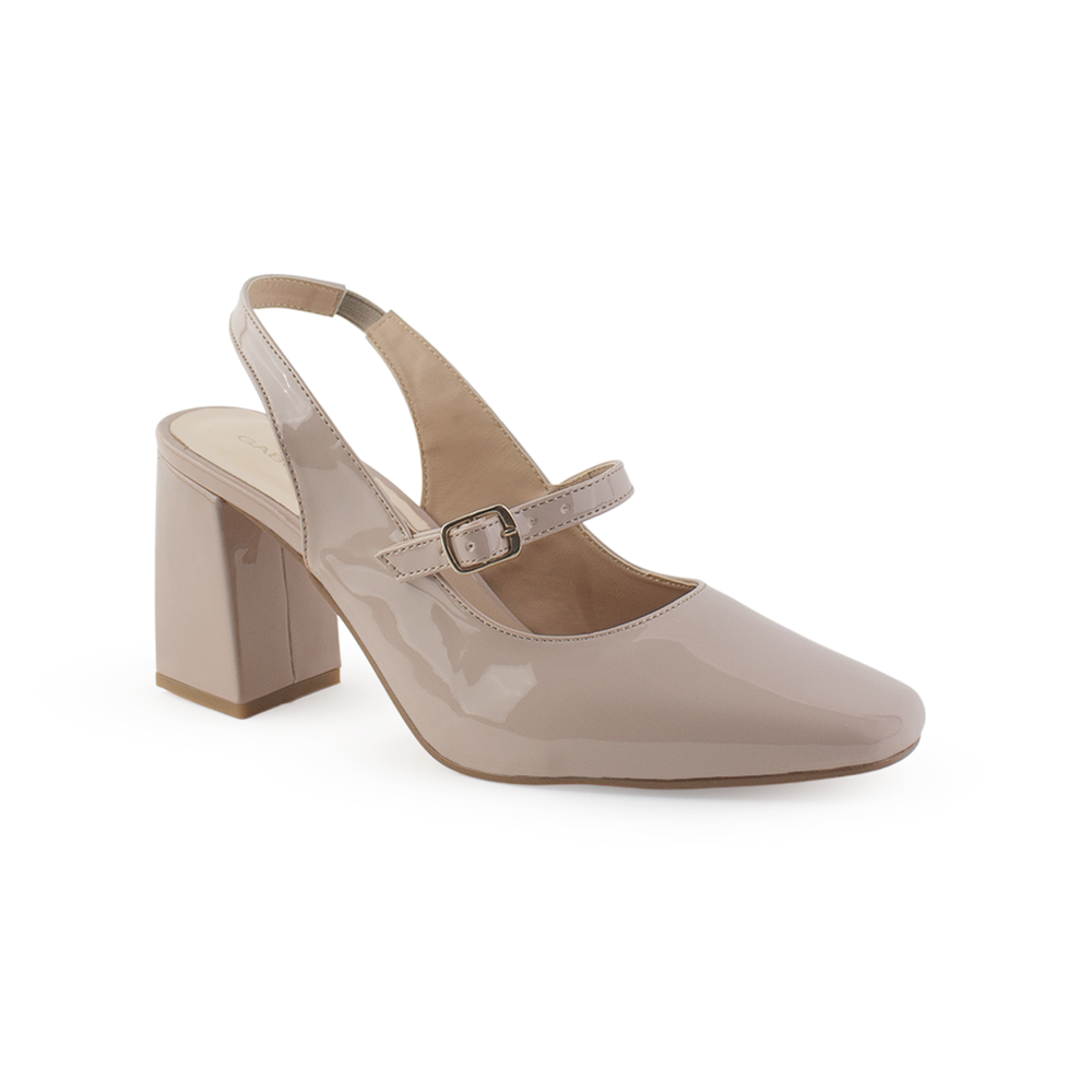 vista diagonal de zapatillas maquillaje para dama con charol destalonadas y tacón medio 8cm 