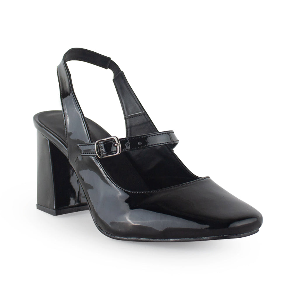 vista lateral de zapatillas negras de charol con correa ajustable y tacón medio 8cm para dama 