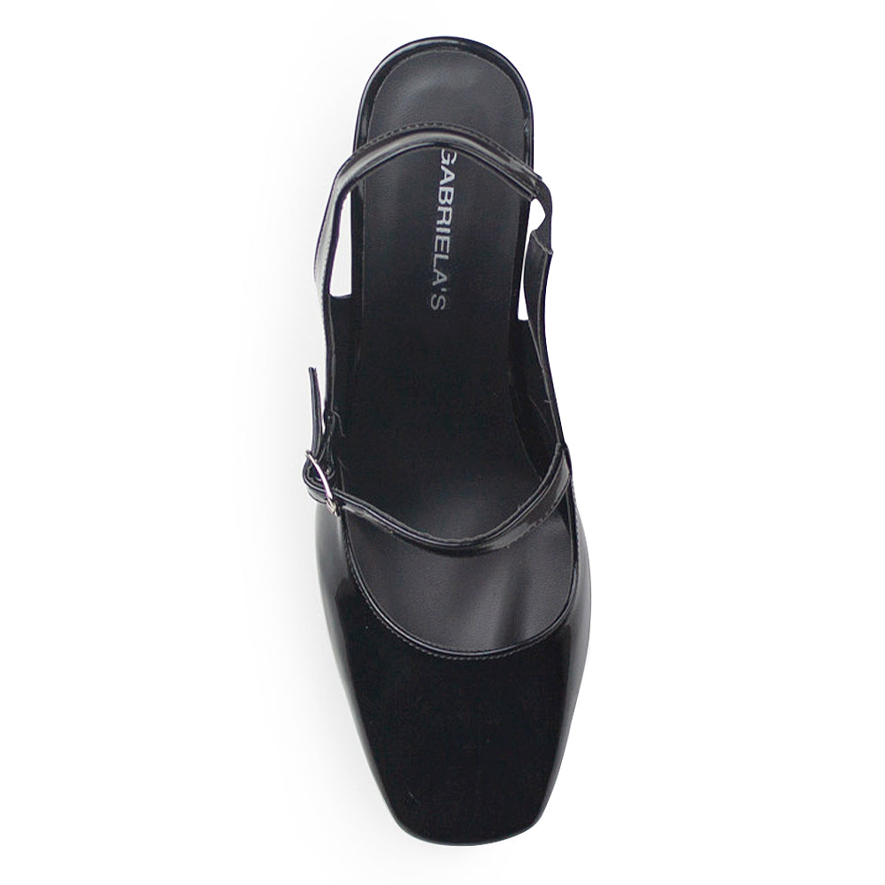 vista superior de zapatillas negras de charol para dama destalonadas con tacón medio 8cm 