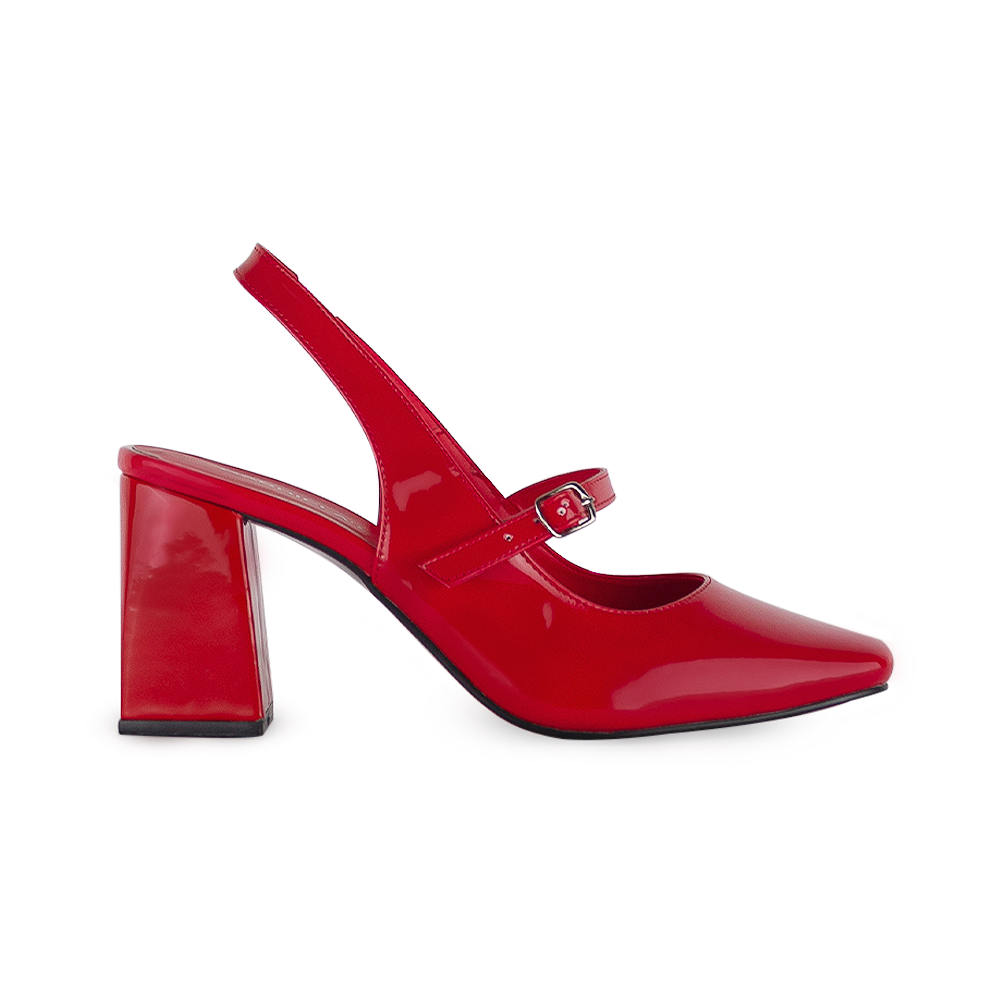 vista lateral de zapatillas rojas de charol con correa ajustable y tacón medio 8cm para dama 