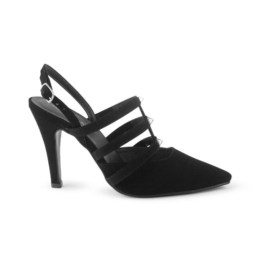 vista lateral de zapatillas negras para dama con ajuste al tobillo, tacón medio 10 cm y tiras en el empeine