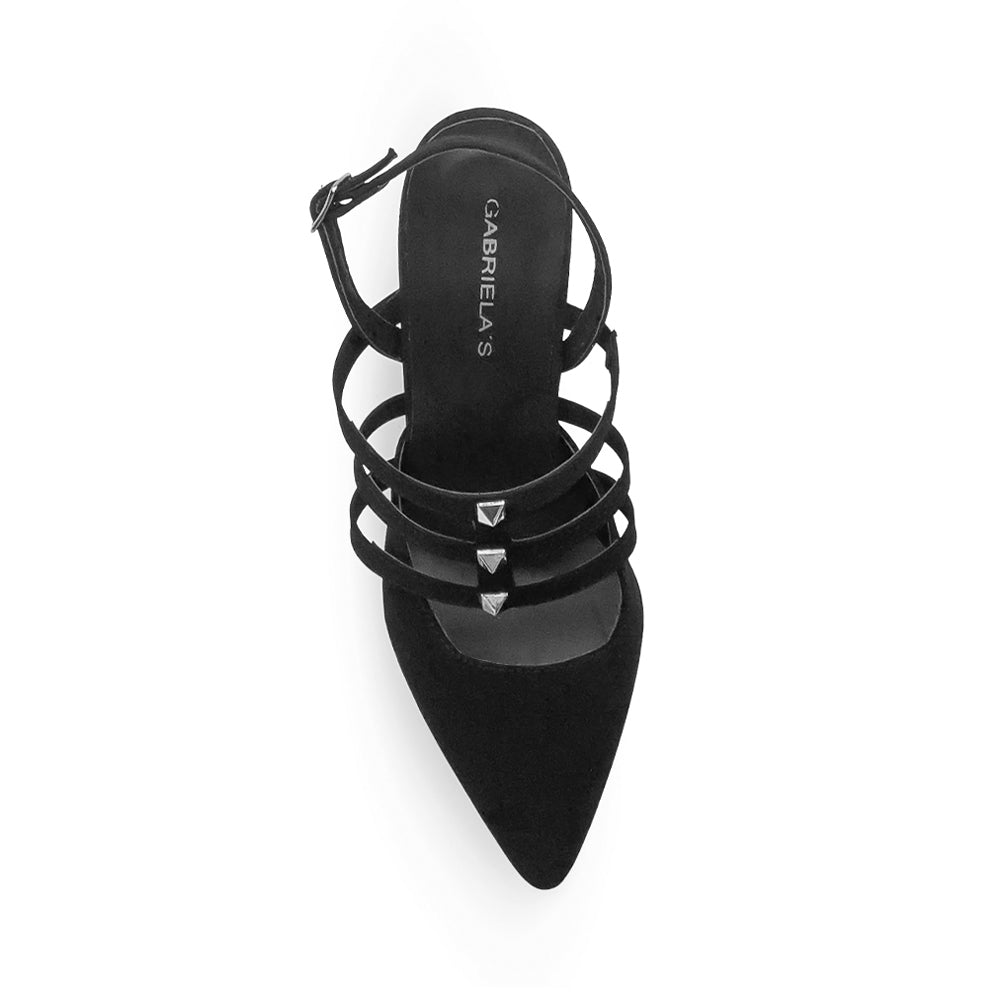 vista superior de las zapatillas negras con tiras al empeine, estoperoles y ajuste al tobillo de tacón medio 10 cm para dama