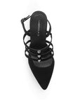 vista superior de las zapatillas negras con tiras al empeine, estoperoles y ajuste al tobillo de tacón medio 10 cm para dama