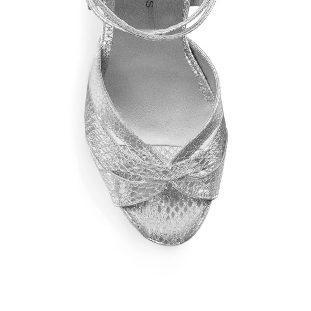 Vista de material sintético en zapatilla plata para mujer con tacón alto de 11cm y pulsera ajustable al tobillo