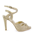 Vista lateral de zapatilla oro para mujer con tacón delgado alto de 11cm y pulsera ajustable al tobillo 
