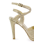 Vista trasera de tacón alto delgado de 11cm en zapatilla oro para mujer con pulsera ajustable al tobillo