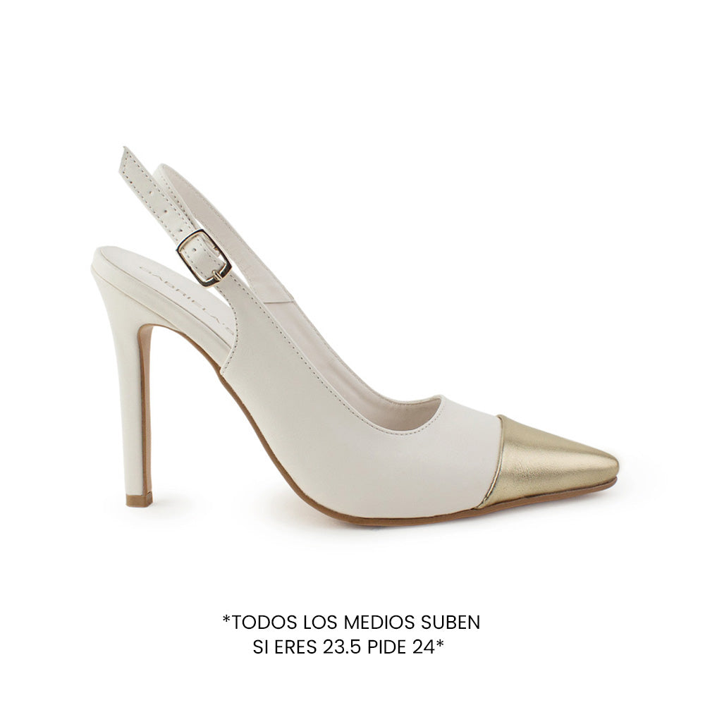 vista lateral de zapatillas beige oro  stiletto para dama con talón descubierto y tacón alto 11cm