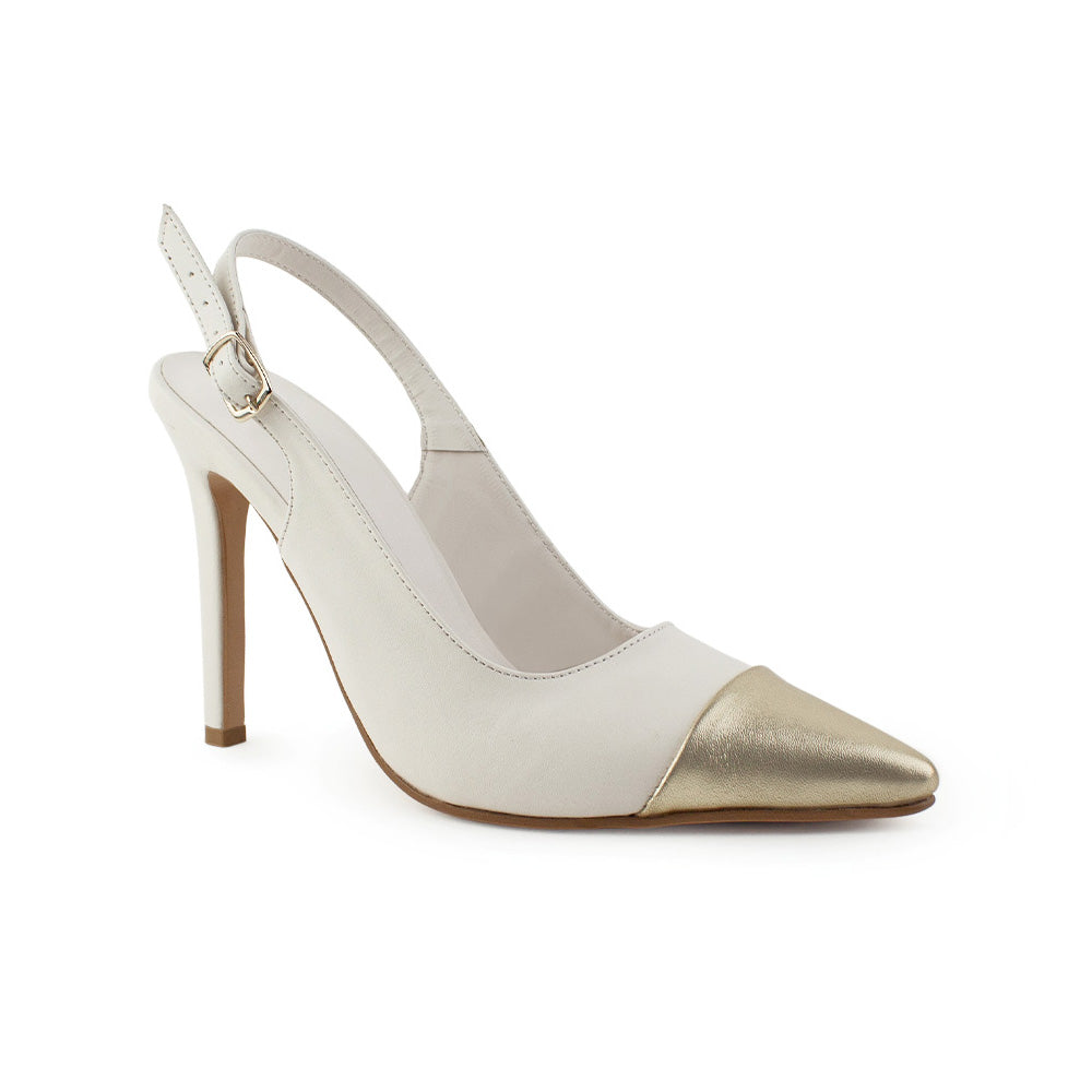 vista diagonal de zapatillas beige oro  tipo stiletto con talón descubierto y correa ajustable de tacón alto 11cm para dama 