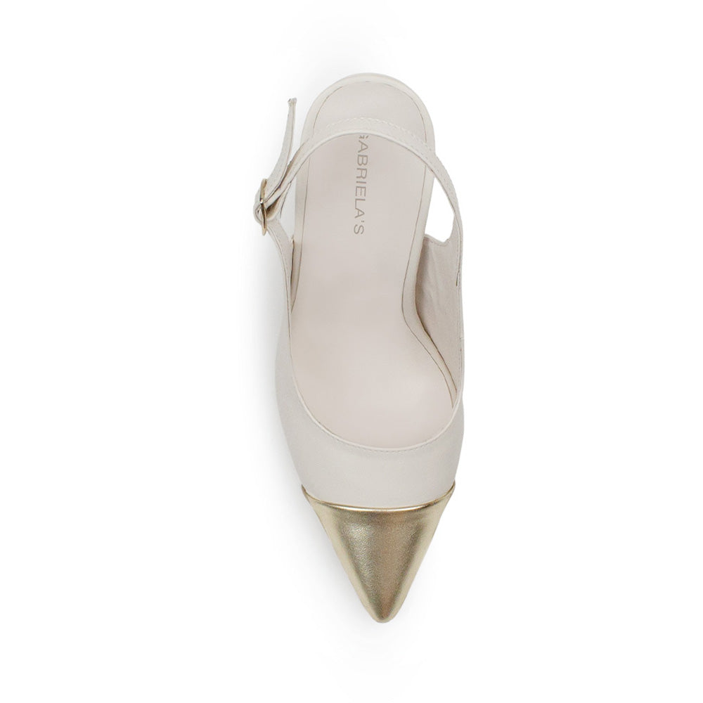 vista superior de las zapatillas beige oro para dama stiletto con ajuste en correa y tacón alto 11cm 