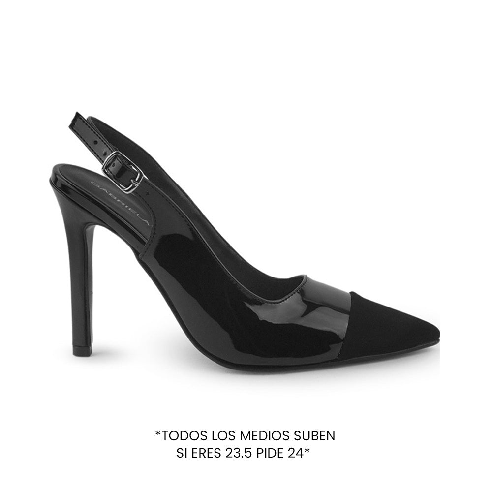 vista lateral de zapatillas negras stiletto para dama con talón descubierto y tacón alto 11cm
