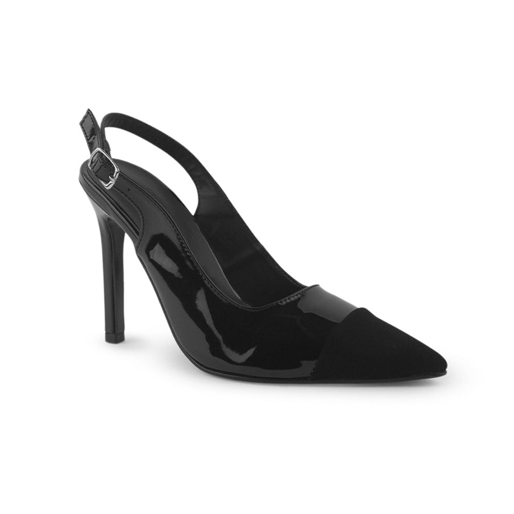 vista diagonal de zapatillas negras tipo stiletto con talón descubierto y correa ajustable de tacón alto 11cm para dama 