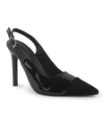 vista diagonal de zapatillas negras tipo stiletto con talón descubierto y correa ajustable de tacón alto 11cm para dama 