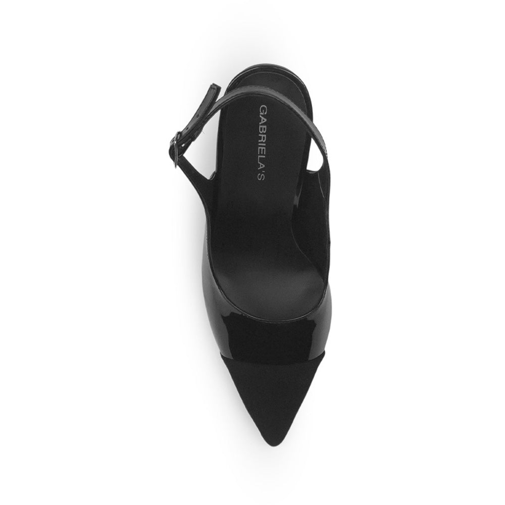vista superior de las zapatillas negras para dama stiletto con ajuste en correa y tacón alto 11cm 