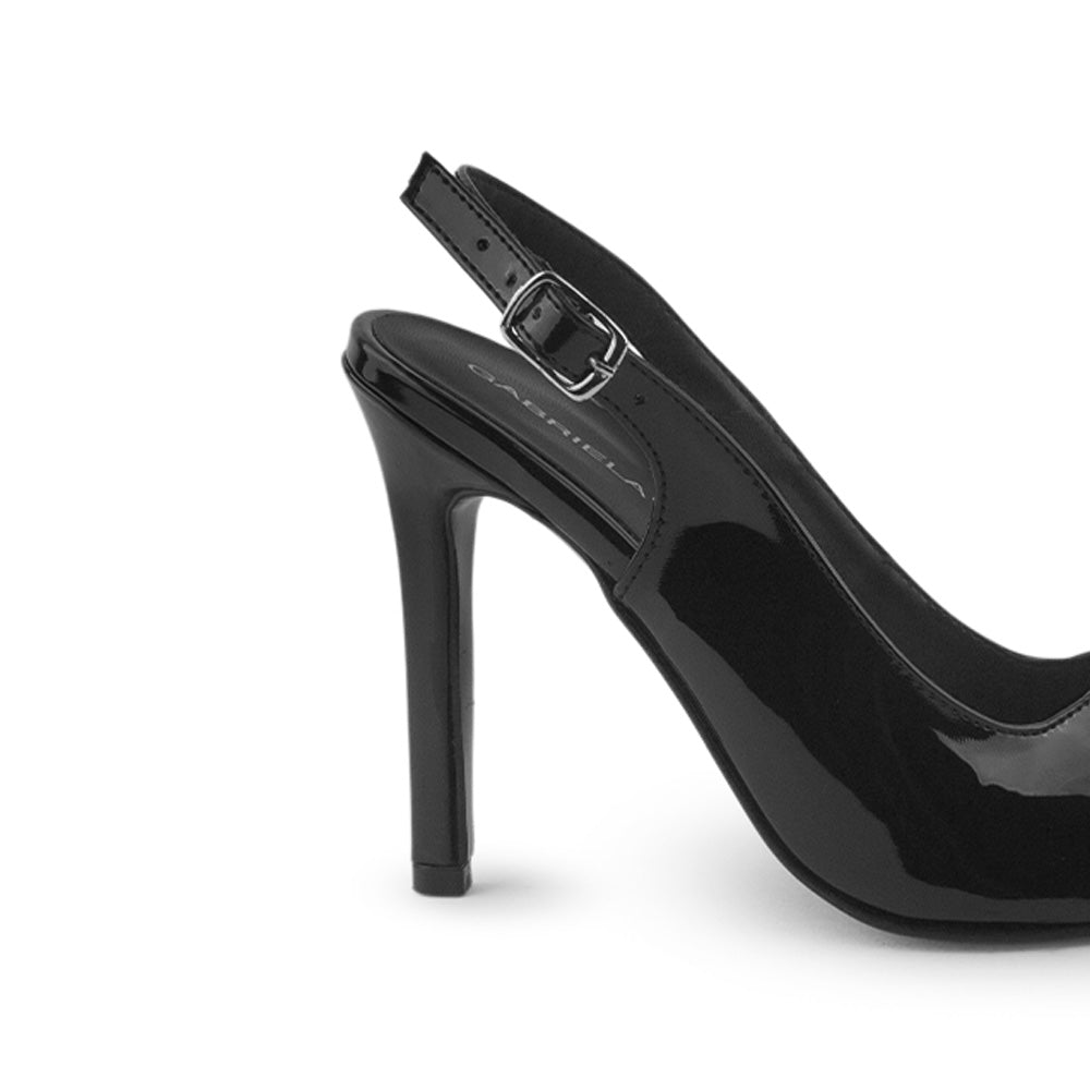 vista trasera del tacón alto 11cm de las zapatillas negras para dama de charol 
