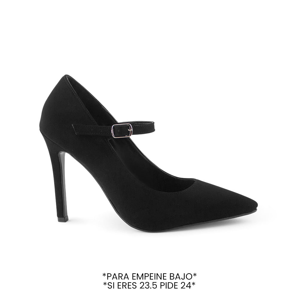 Vista lateral de zapatilla negra para mujer con pulsera y tipo stiletto de tacón 10cm