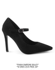 Vista lateral de zapatilla negra para mujer con pulsera y tipo stiletto de tacón 10cm