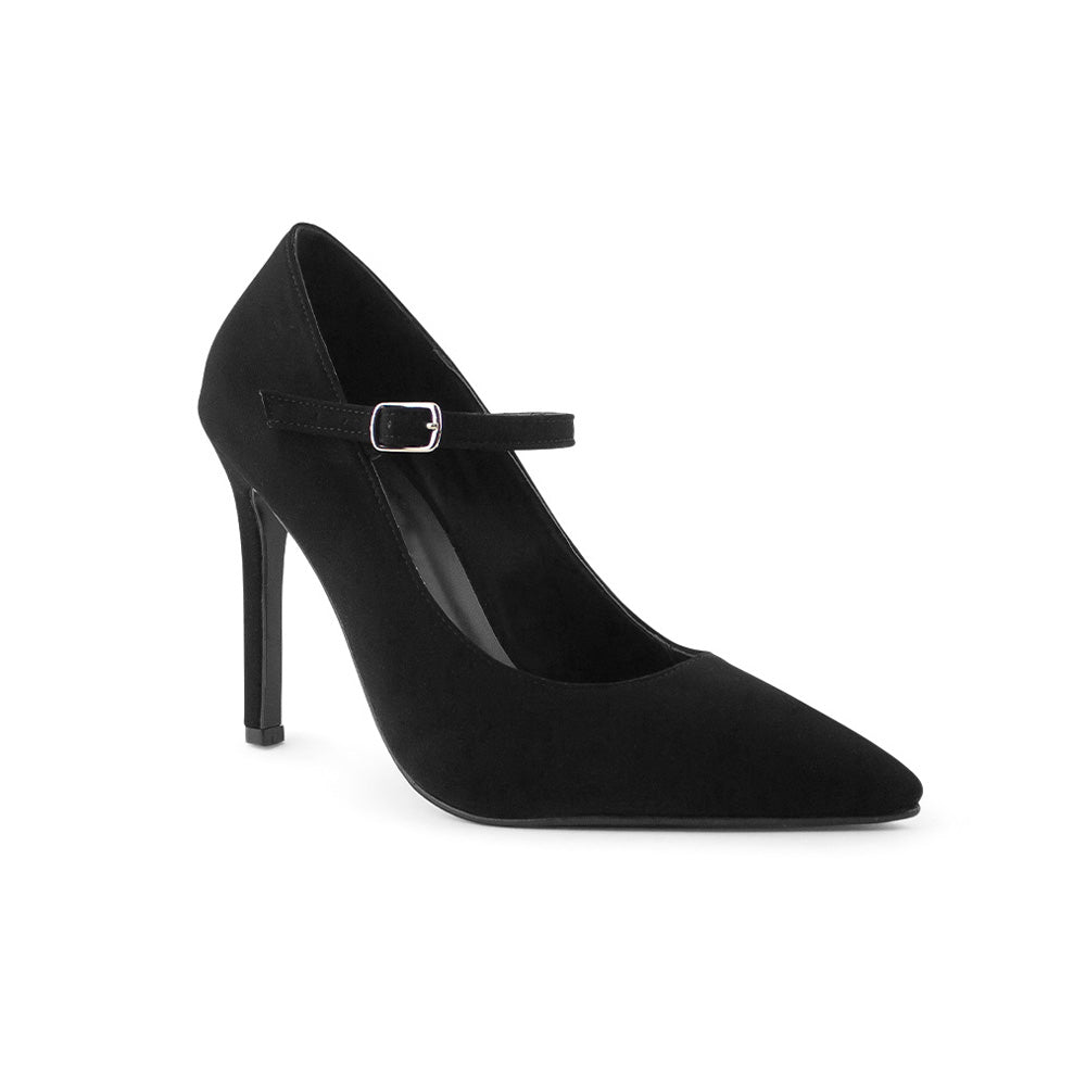 Vista diagonal de zapatilla negra para mujer tipo stiletto con pulsera ajustable