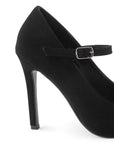 Vista trasera de tacón delgado de 10cm en zapatilla negra para mujer tipo stiletto