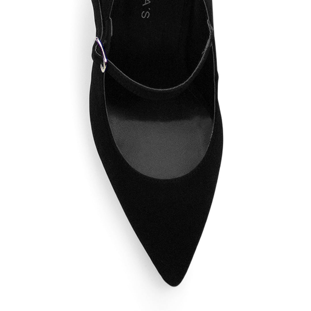 Vista de material buck en zapatilla tipo stiletto para mujer con pulsera y tacón de 10cm