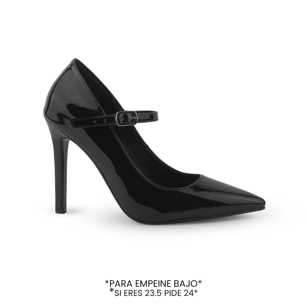 Vista lateral de zapatilla negra para mujer con pulsera y tipo stiletto de tacón 10cm