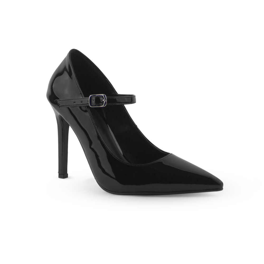 Vista lateral de zapatilla negra para mujer con pulsera y tipo stiletto de tacón 10cm