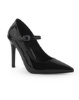 Vista lateral de zapatilla negra para mujer con pulsera y tipo stiletto de tacón 10cm