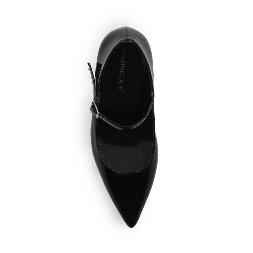 Vista superior de zapatilla negra para mujer con punta fina y pulsera ajustable