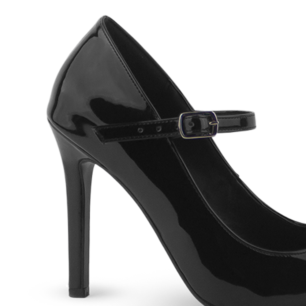 Vista trasera de tacón delgado de 10cm en zapatilla negra para mujer tipo stiletto