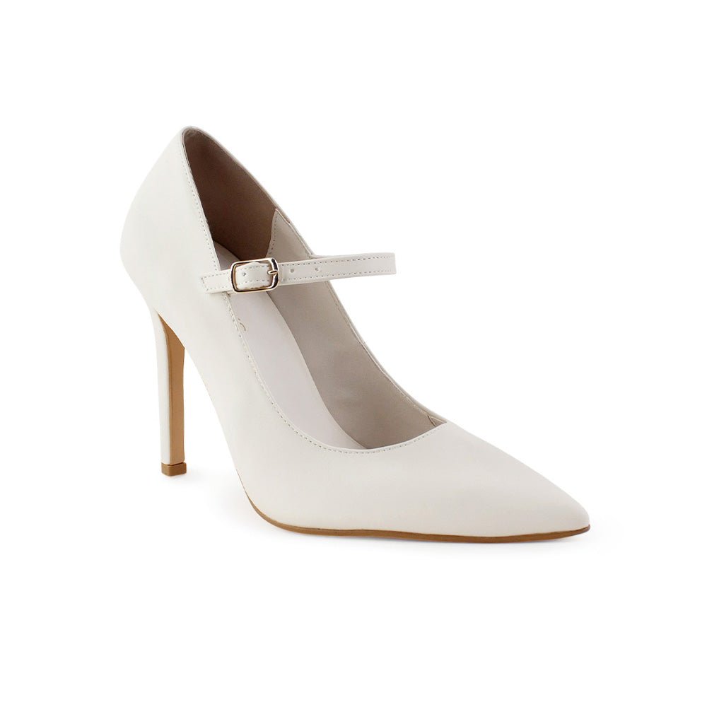 Vista lateral de zapatilla beige para mujer con pulsera y tipo stiletto de tacón 10cm