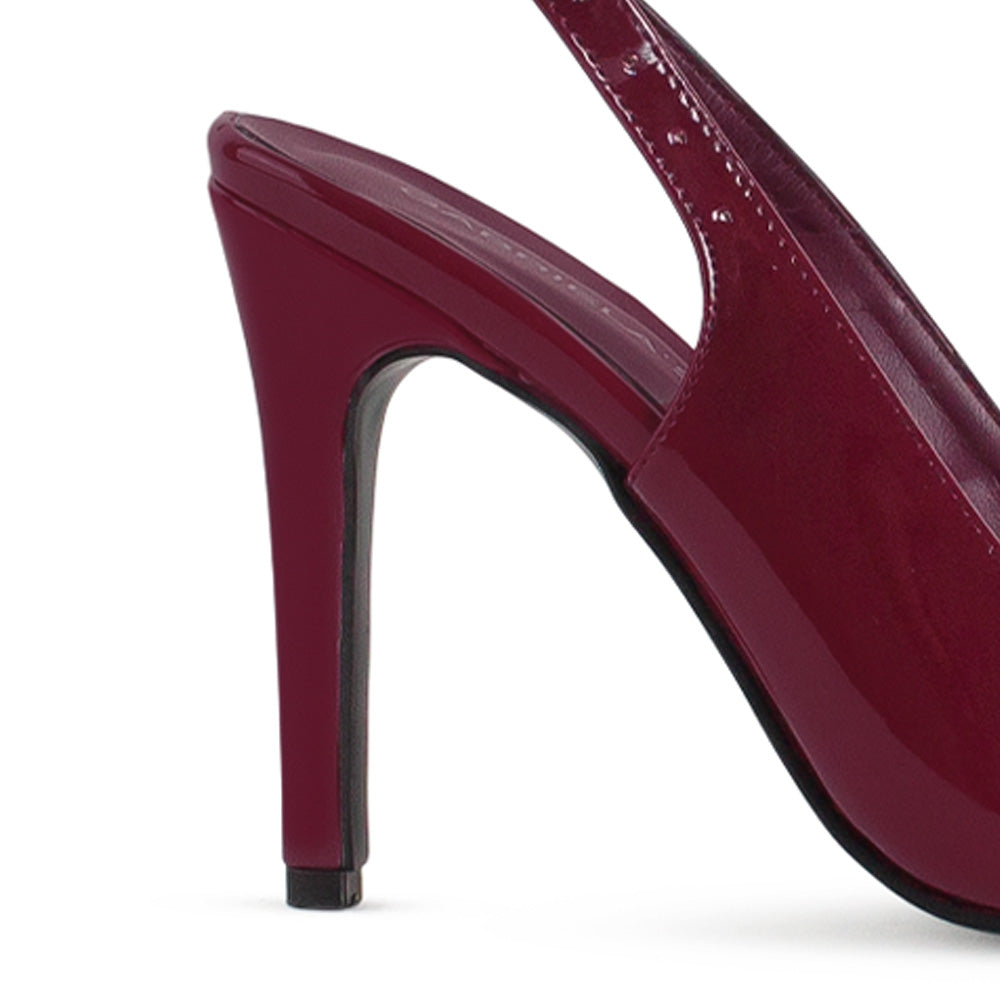 vista trasera del tacón alto 11cm de las zapatillas vino para dama de charol 