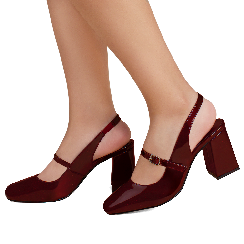 Zapatillas vino destalonadas de charol con tacón medio 8cm y correa ajustable para dama 