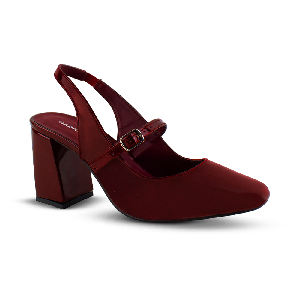 vista lateral de zapatillas vino de charol con correa ajustable y tacón medio 8cm para dama 