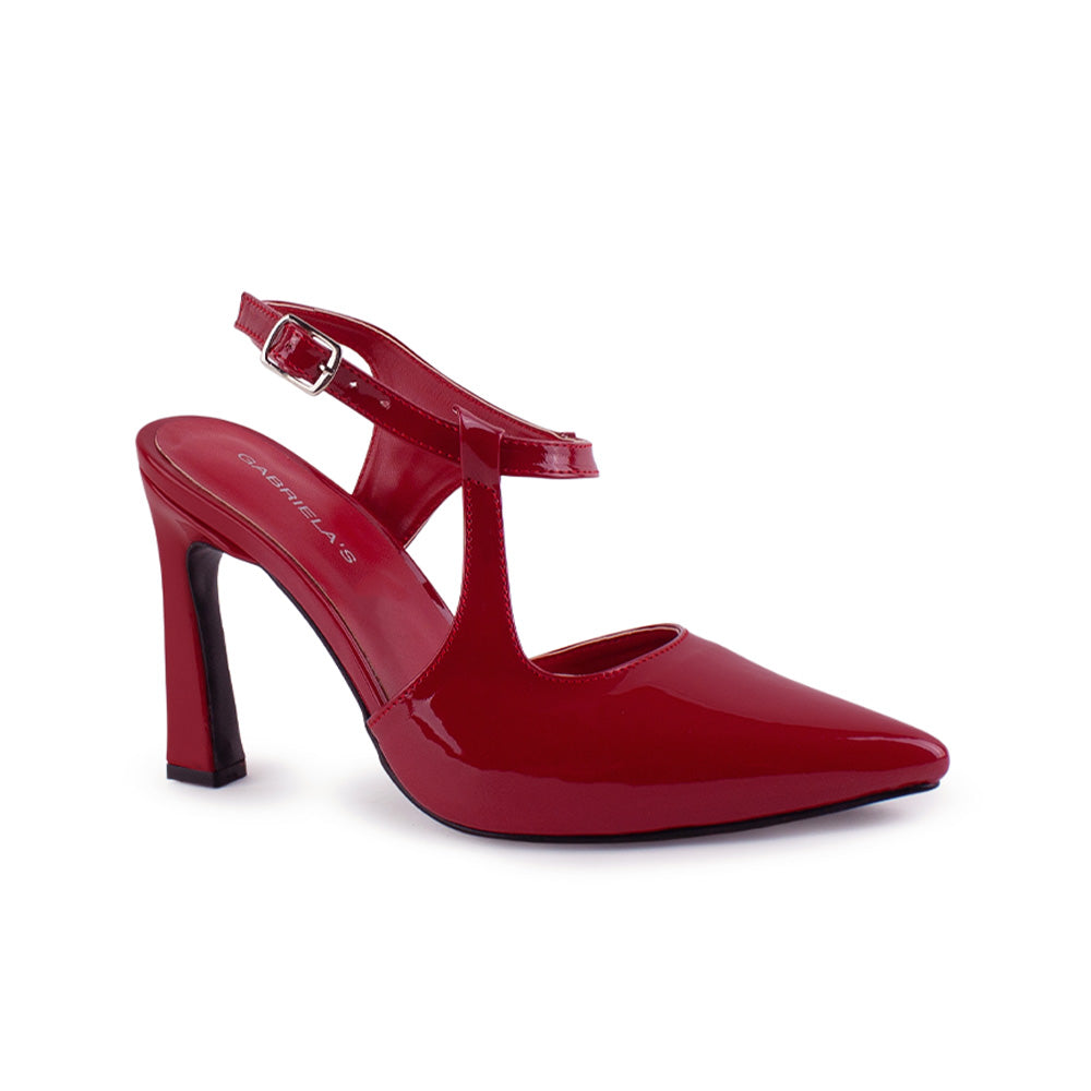 vista diagonal de zapatillas rojas destalonadas con punta fina correa ajustable y tacón medio 10 cm para dama 